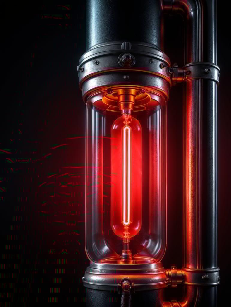 Close-up photo of a neon tube glowing with a bright red light, isolated, black background