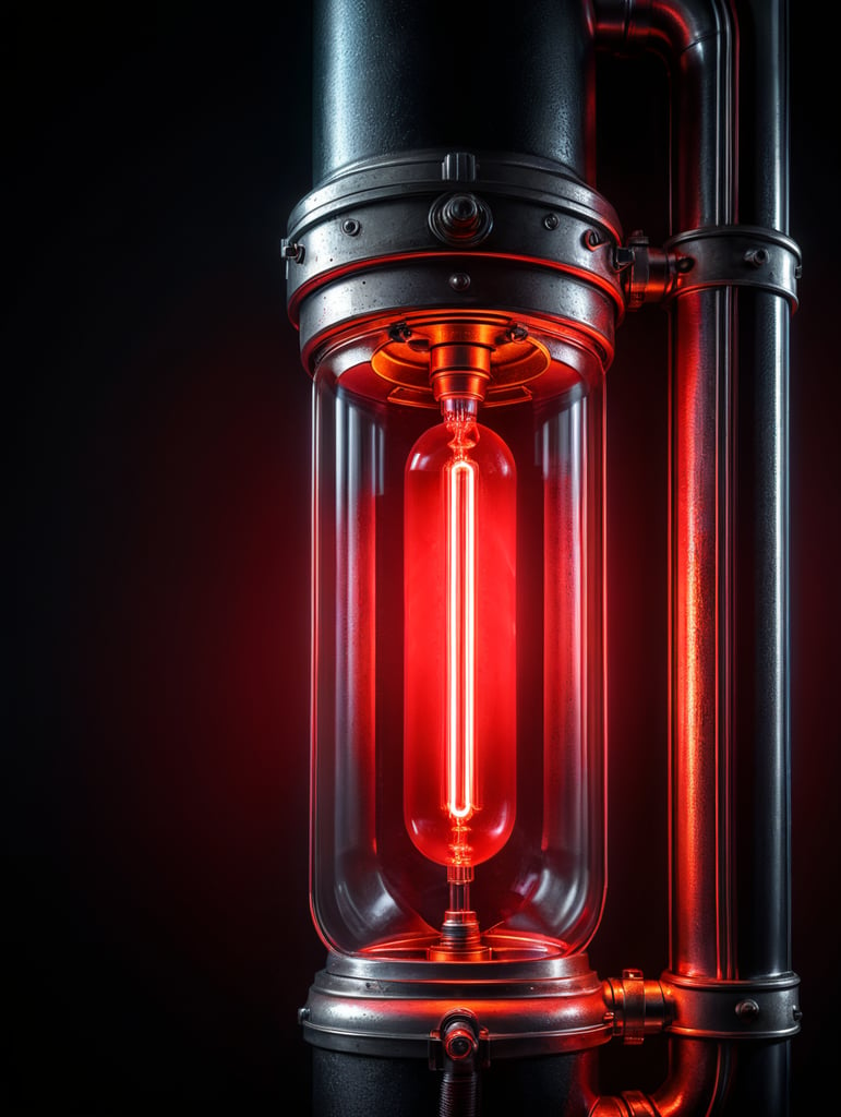 Close-up photo of a neon tube glowing with a bright red light, isolated, black background