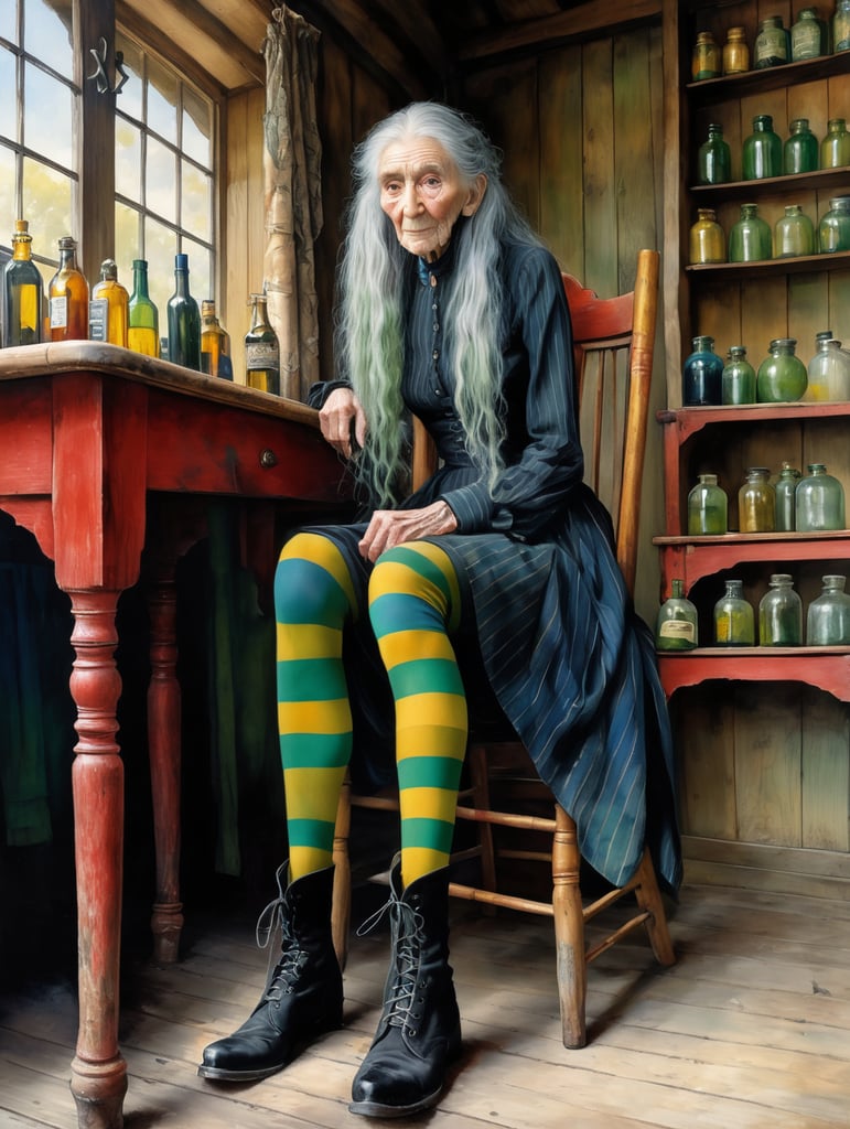 A very tall witch, very old and ugly, skinny with long lank hair, a long nose wearing a long grubby black dress down to her calves, scruffy and torn, buttoned up to her throat. She wears striped leggings, blue and green stripes on one leg, red and yellow on the other leg and black boots. Sitting in an old wooden chair at a table in a tumbledown cottage and coloured glass vials on the shelves. In the style of a watercolour by Alan Lee.