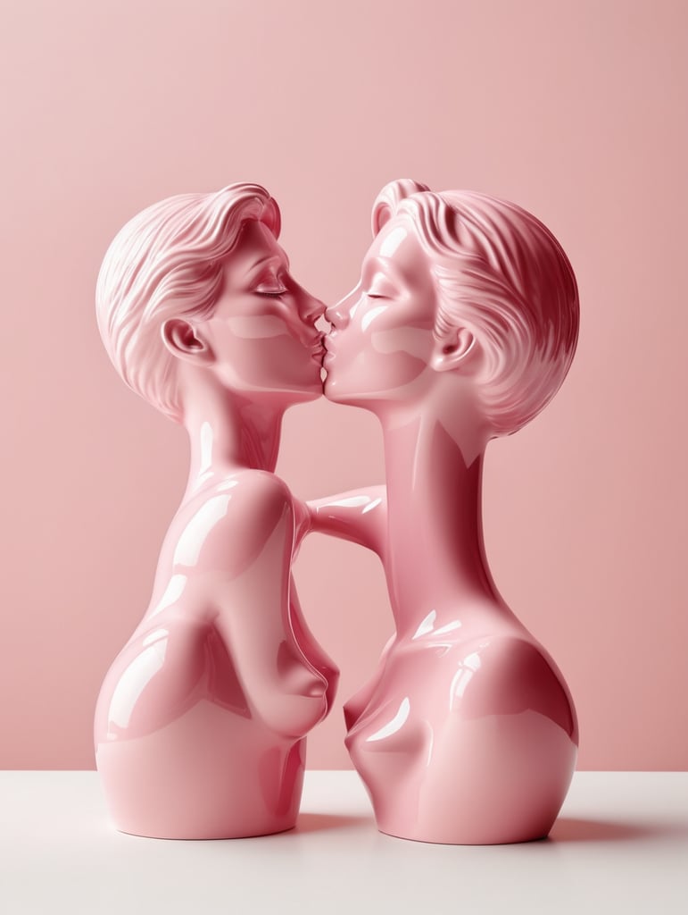Kiss Art: Two pink glazed ceramic single color figures kissing each other, isolated, pink background