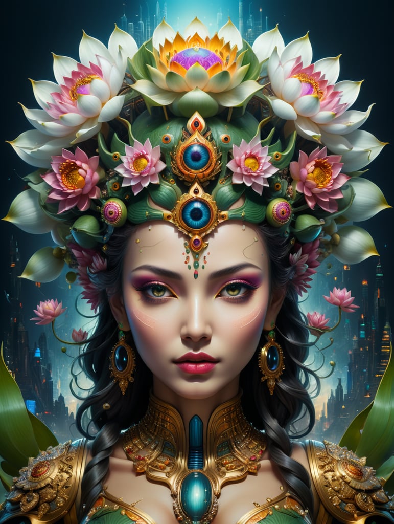 Beautiful 3d render of the flower queen goddess on a lotus, centered, symmetry, with the third eye on her forehead, painted, intricate, volumetric lighting, beautiful, rich deep colours masterpiece, sharp focus, ultra detailed, in the style of dan mumford, mark ryden and marc simonetti, with a clear crowded futuristic cyberpunk dubai city in the background, astrophotgraphy