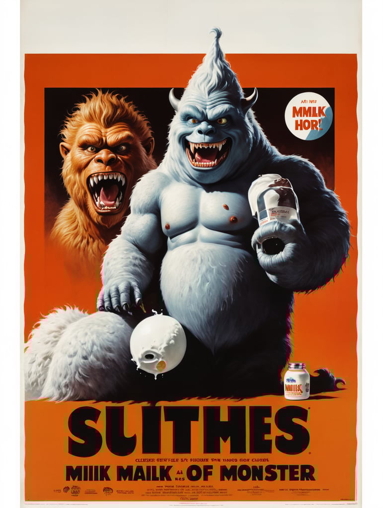 A vintage 1960s movie poster of a milk monster. The monster is young, cute, fat, and all white with soft fur. It holds a baby’s bottle full of milk.