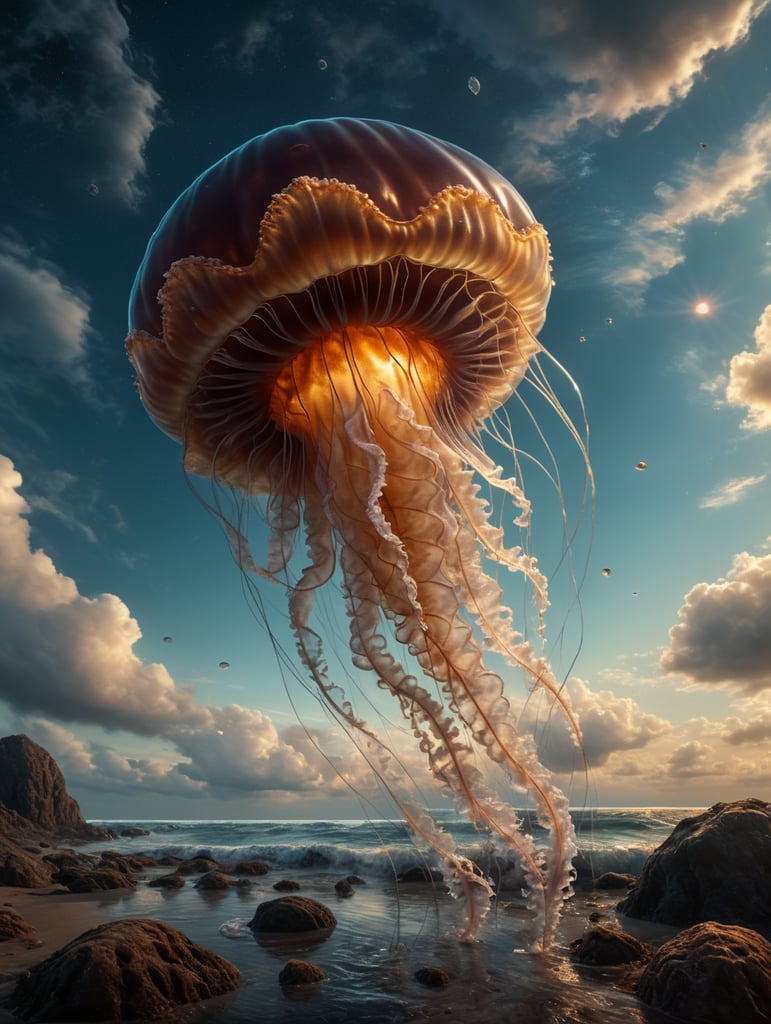A hyper-realistic and highly detailed picture of a jelly fish in the sky, tiny fish on land, against a dreamy background.