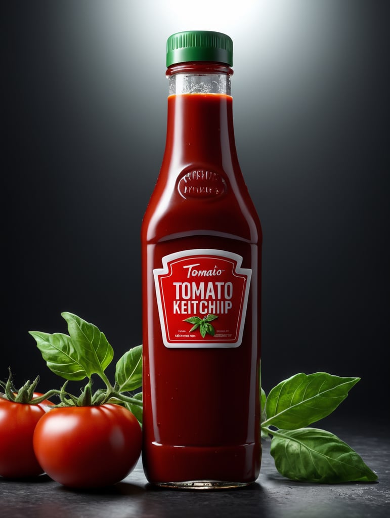 tomato ketchup bottle, red tomato with green leaves, isolated, white background