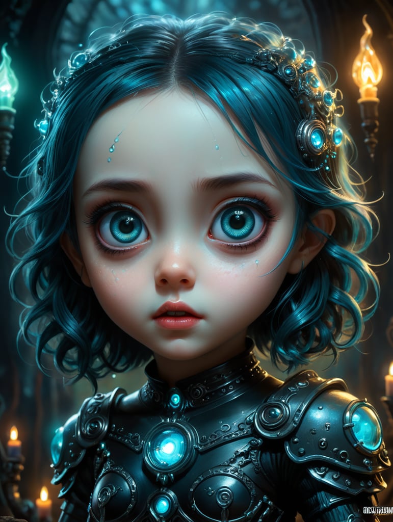Cute bioluminescent glow chibi goth emo girl, large expressive eyes, gothcore, horror, sweet and scary, HDR, fantasy details, intricate detail, masterpiece art, 24K resolution, Tim Burton style