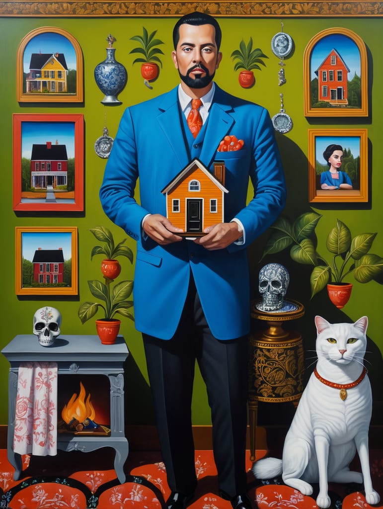 The man who took a debt for a house to death, mortgage, style of Catherine Nolin, Painting, Acrylic, Oil, Portrait, Interior, USA