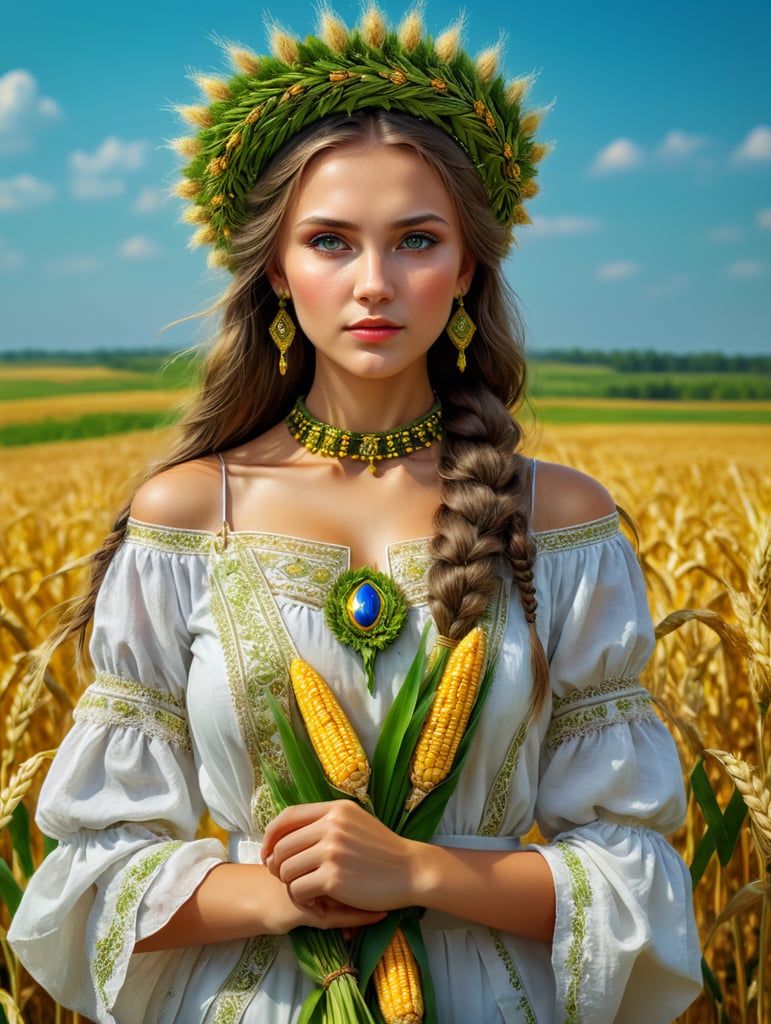 beautiful Ukrainian girl in national dress and a wreath of green rye and ears of corn background of the field