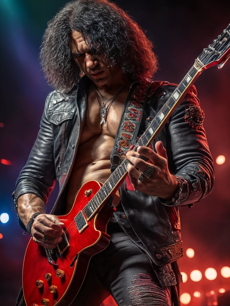 person, Slash guitarist, photo, on stage, studio lights, illuminated face, red guitar in hand, bright colors,