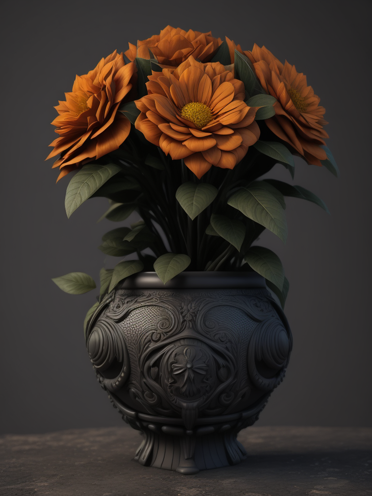 super hero flower pot, deep carved black clay, dark atbosphere