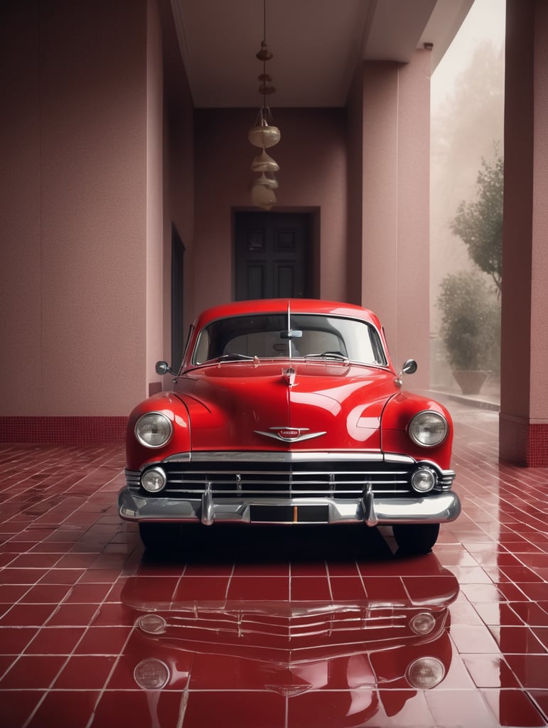 Premium Free ai Images | in the style of vintage red car wet watered ...