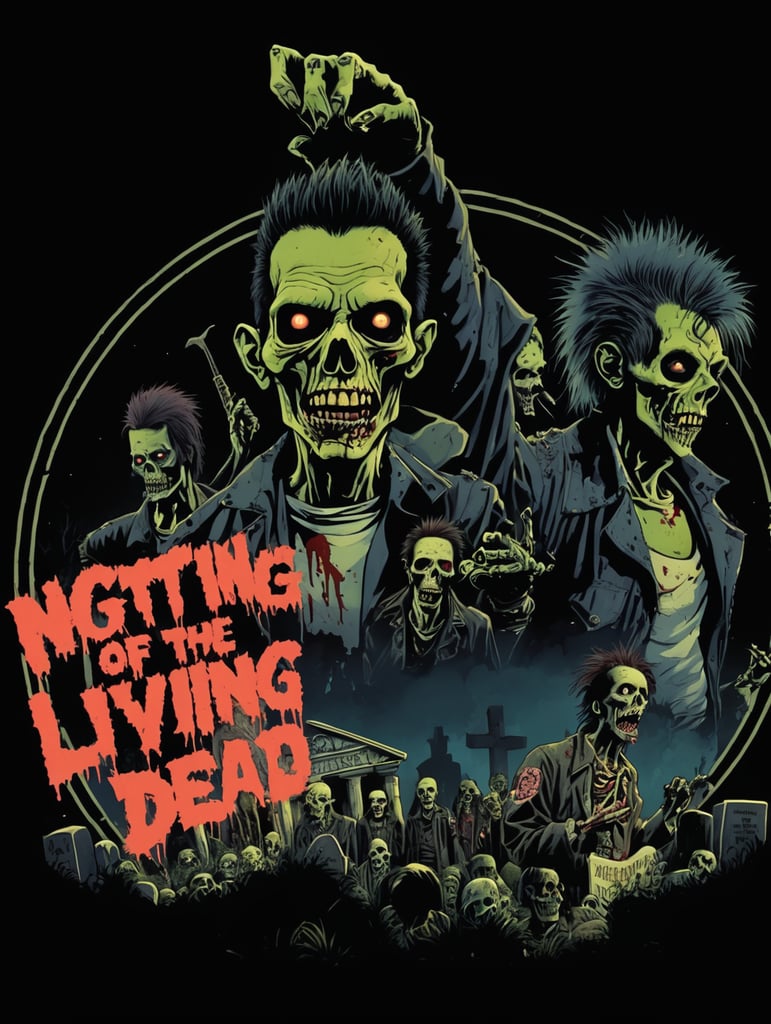 Night of the living, dead punk rock zombies in a graveyard high-quality details, deep focus, professional shot