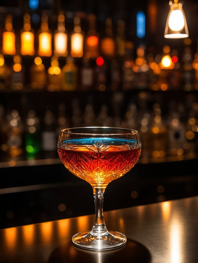 colors of thorn marvel heroes, Drink Snifter Glass in a darkness bar, cinematic lighting, product shot, 4:3, 4k