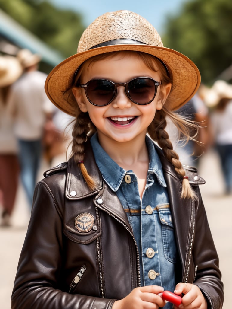 photo happy little girl going to travel, cute girl, leather jacket, straw hat, sunglasses, harpers bizarre, cover, headshot, hyper realistic