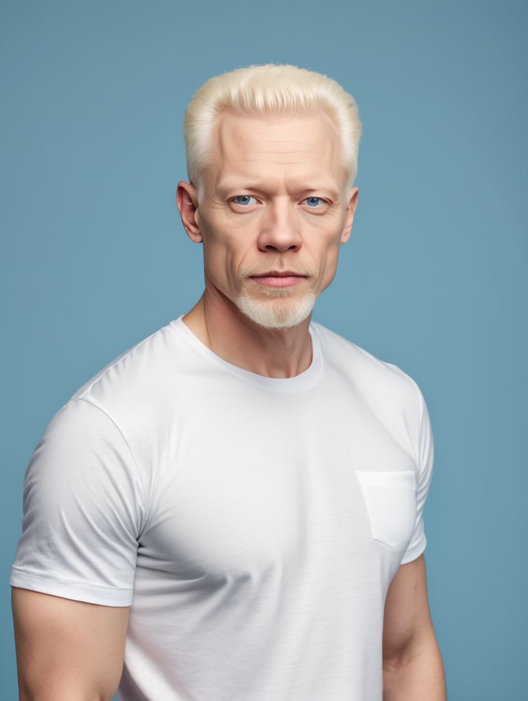 A middle-aged albino man wearing a white T-shirt, Contrasting studio light, isolated, blue background, mockup, mock up