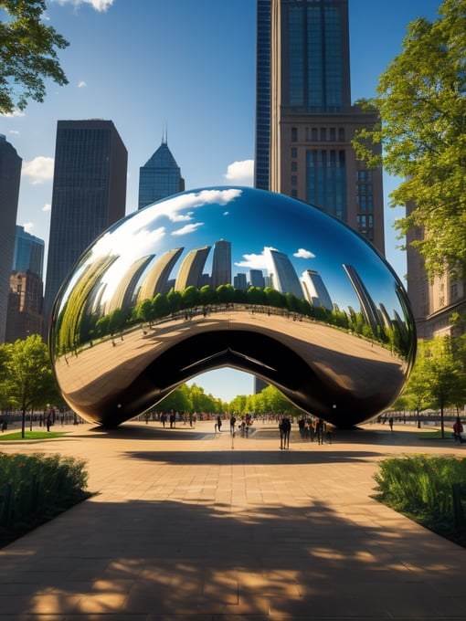 Chicago Millennium Park, Cloud Gate, Green trees, Skyscrapers in the background, Vibrant colors, Deep colors, Contrast lighting, Sunny day, High detail, Sharp details