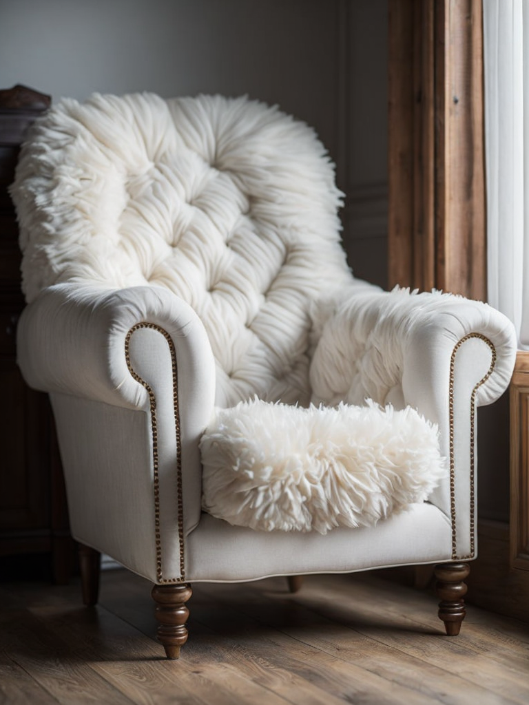 a white soft sheep chair, wood carved head and legs of the sheep, body is white wool