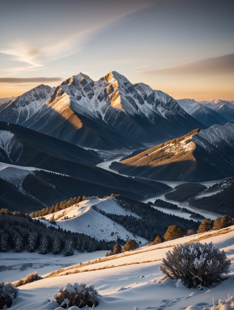 Sunrise in snowy mountains