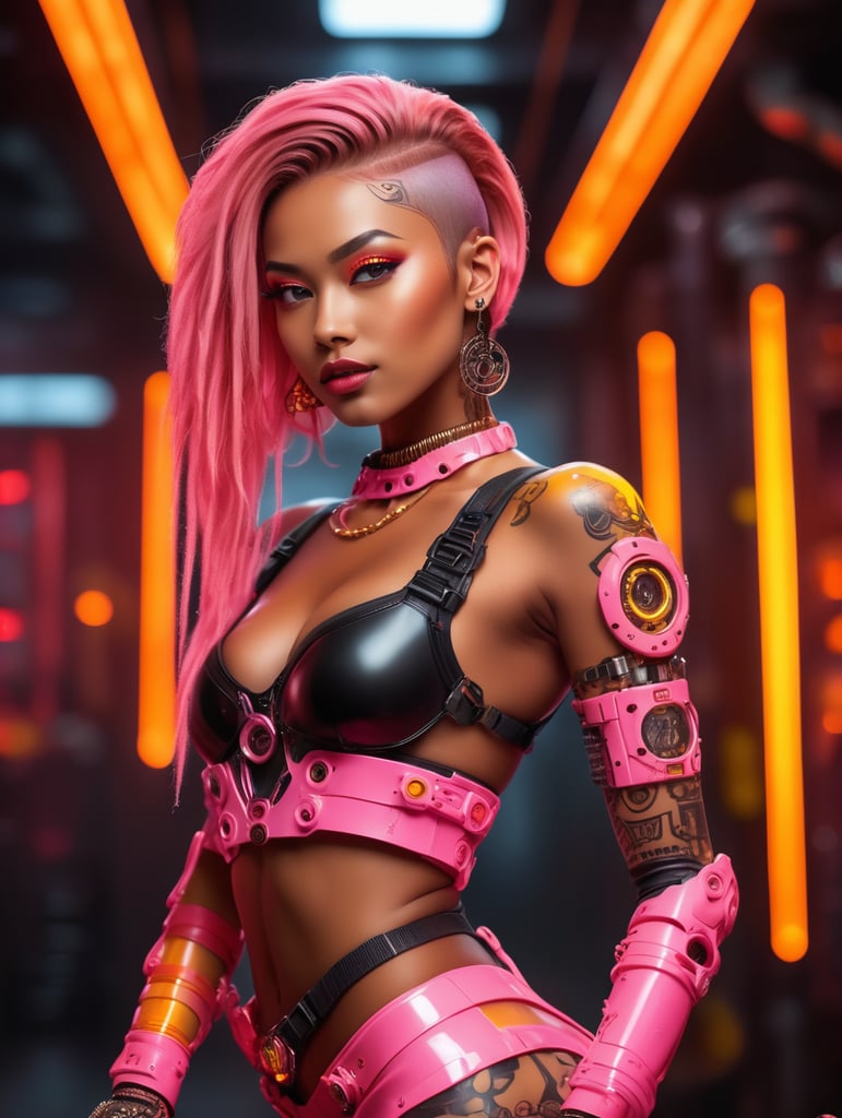 classy cyberpunk girl with brown skin made of translucent plastic, in a dark narrow industrial neon pink red lit dark rugged dance club, dancers around, mechanical arms and cybernetic accessories, fullbodypose, stylish black, yellow and orange hair, translucent materials, beautiful hazy lighting, lodress, styling, tattoos, and her outfit color is yellow with white, gold and orange accents