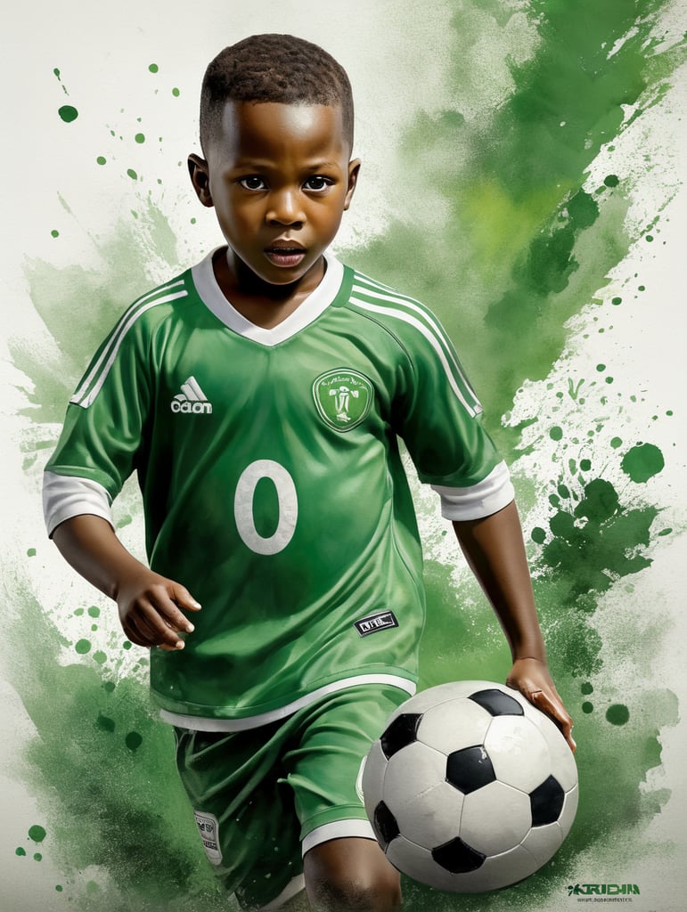 Recreate An ultra realistic render cute African child Toddler wearing green and white Nigerian Jersey Playing football" Text Reads:"Naija", the work of photo journalist Ross William Halfin. On a crisp white paper, allow Nate Simpsons' talent for highly detailed and dynamic design to shine. Incorporate watercolor splash art as complementary elements, adding an intriguing burst of color that enhances the overall composition. Only green and white colors on the jersey. Don't use any other colors on the jersey. Present this captivating artwork in stunning 8K resolution, ensuring that every intricate detail is showcased with breathtaking clarity, poster, illustration, typography
