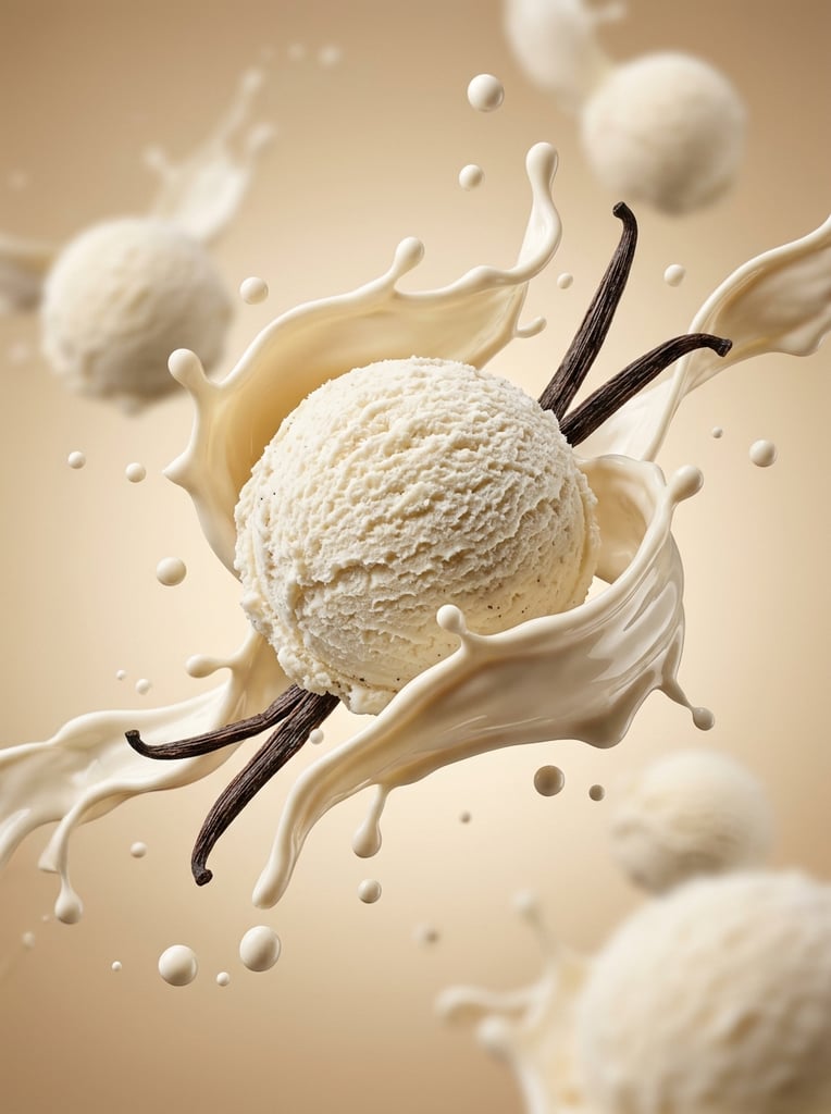 A textured spherical scoop of vanilla ice cream suspended mid-air, enveloped by twisting splashes of thick, glossy cream. Slender dark brown vanilla pods weave through the fluid ribbons alongside floating spherical droplets. Smaller out-of-focus scoops drift nearby. Soft studio lighting highlights the contrast between the porous frozen texture and the smooth liquid against a seamless warm beige gradient, capturing a high-speed macro photography style with a shallow depth of field.