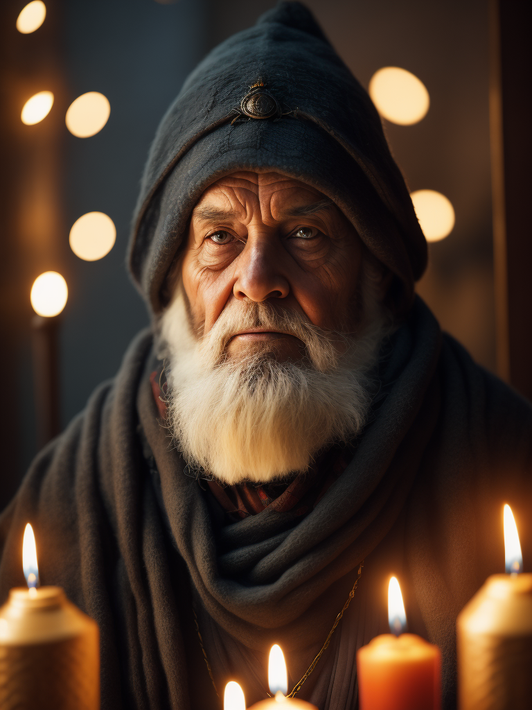 Intricate portrait of a very old gnome, illuminated by warm litted candles, with a backdrop of eerie dungeion, stunning interpretive visual, maximalist scarf and veil. f1.0lens, tilt-shift, dramatic lighting, chiaroscuro