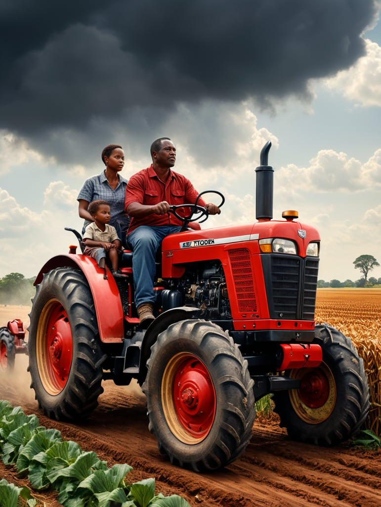 african american family on case red tractor only father driving