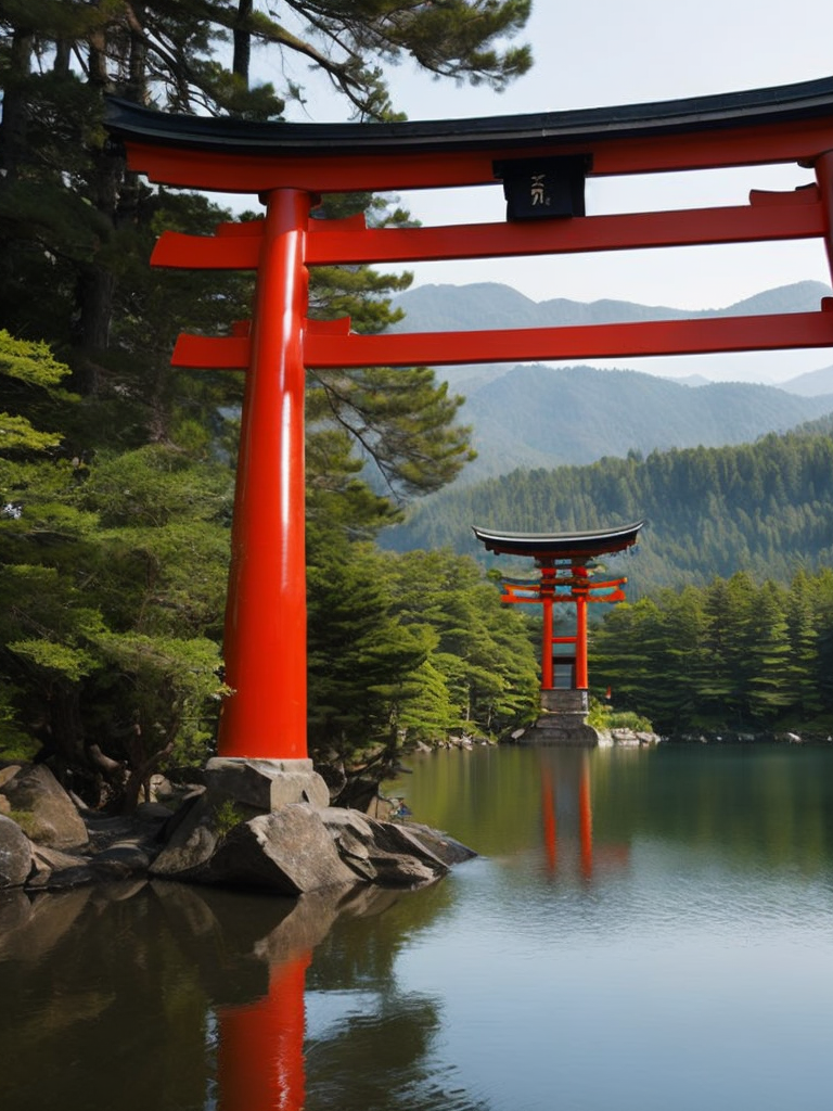 Red torii gate in middle of a lake, Dense forest on the edge of the lake, Bright and saturated colors, Japanese culture, photorealistic, contrast light