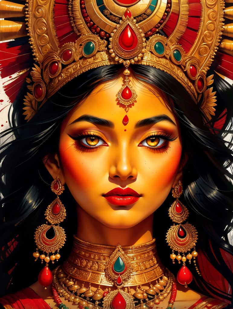 Maa Durga Bengal, rich beautiful red and golden sari, bright makeup, golden jewelry, long black hair, brown eyes, red lips.