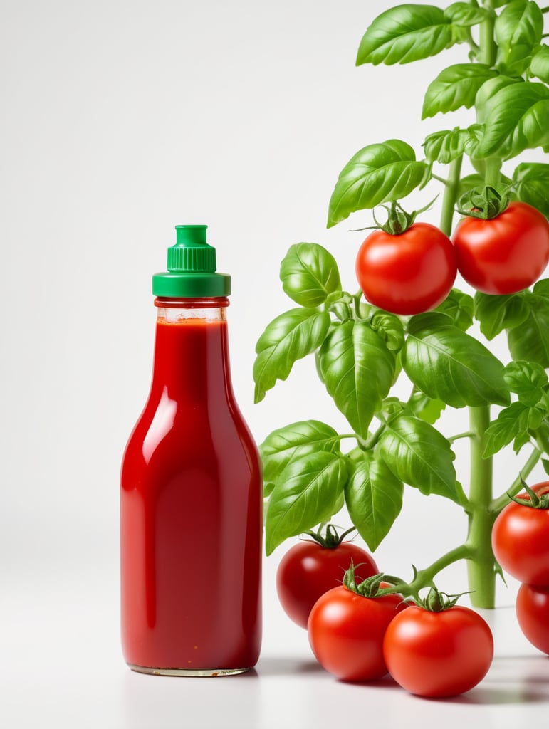 tomato ketchup bottle, red tomato with green leaves, isolated, white background