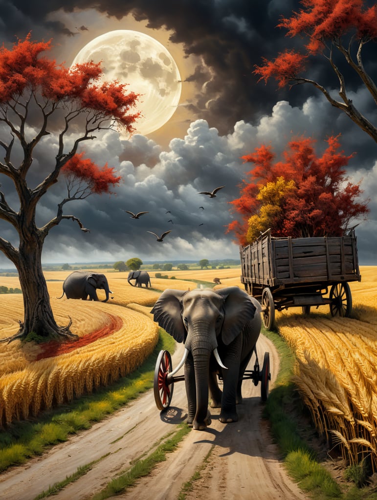 A hurricane wind along the road going into the distance bends brown trees growing in a field of wheat, along the road a elephant carries an old wooden cart with gray bags of grain on which red birds sit, crows and yellow doves fly in the cloudy sky, the moon is shining, the sun is rising, illuminating the field with rays, impressionism, impasto, fantasy,