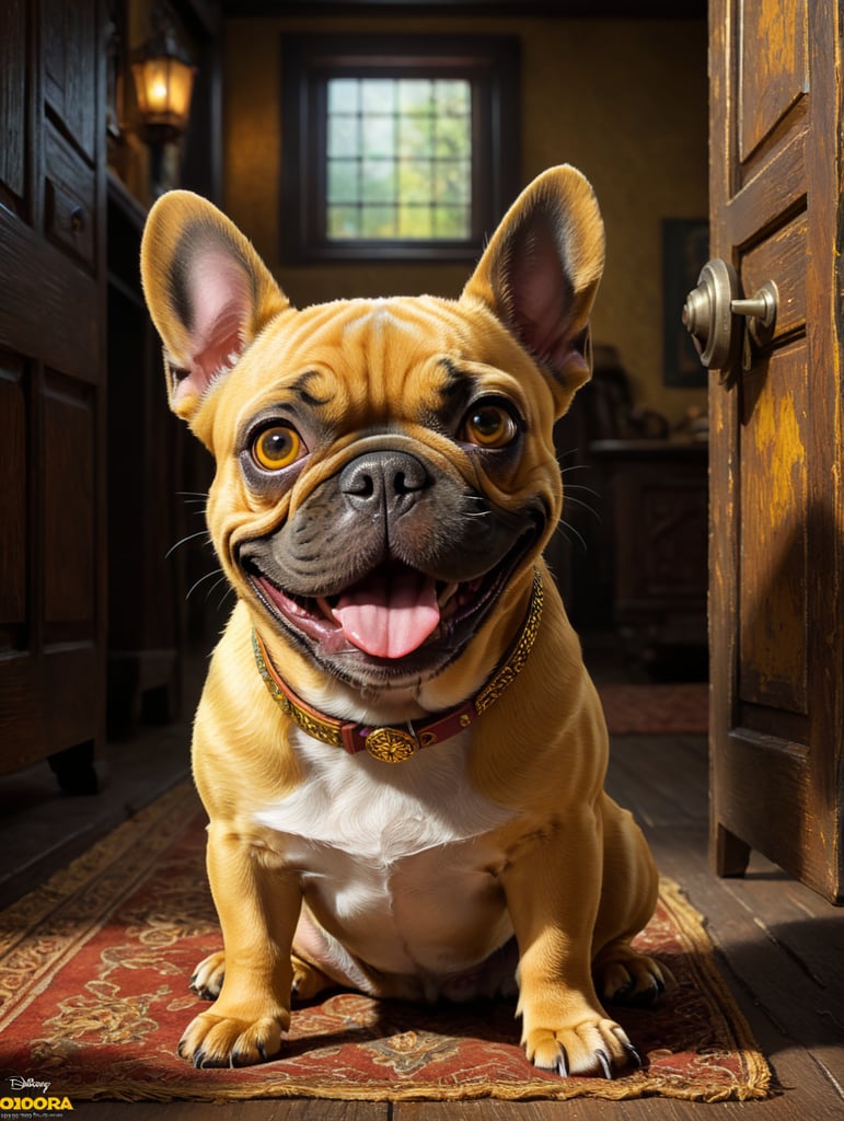 A Disney Pixar-inspired movie poster with title "Theodora". In the image a yellow french bulldog with a black ears and nose beside, with brown eyes and a smiling face. The scene should be in the distinct digital art style of Pixar, with a focus on character expressions, vibrant colors, and detailed textures that are characteristic of th animations, with the title "Bigornas"