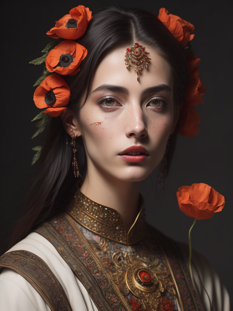 Giuseppe Scuderi, ultra-fine detailed painting of a woman with an opium poppy flower in her hair, a whimsical, detailed painting. A girl has cosmetic skin patches under her eyes