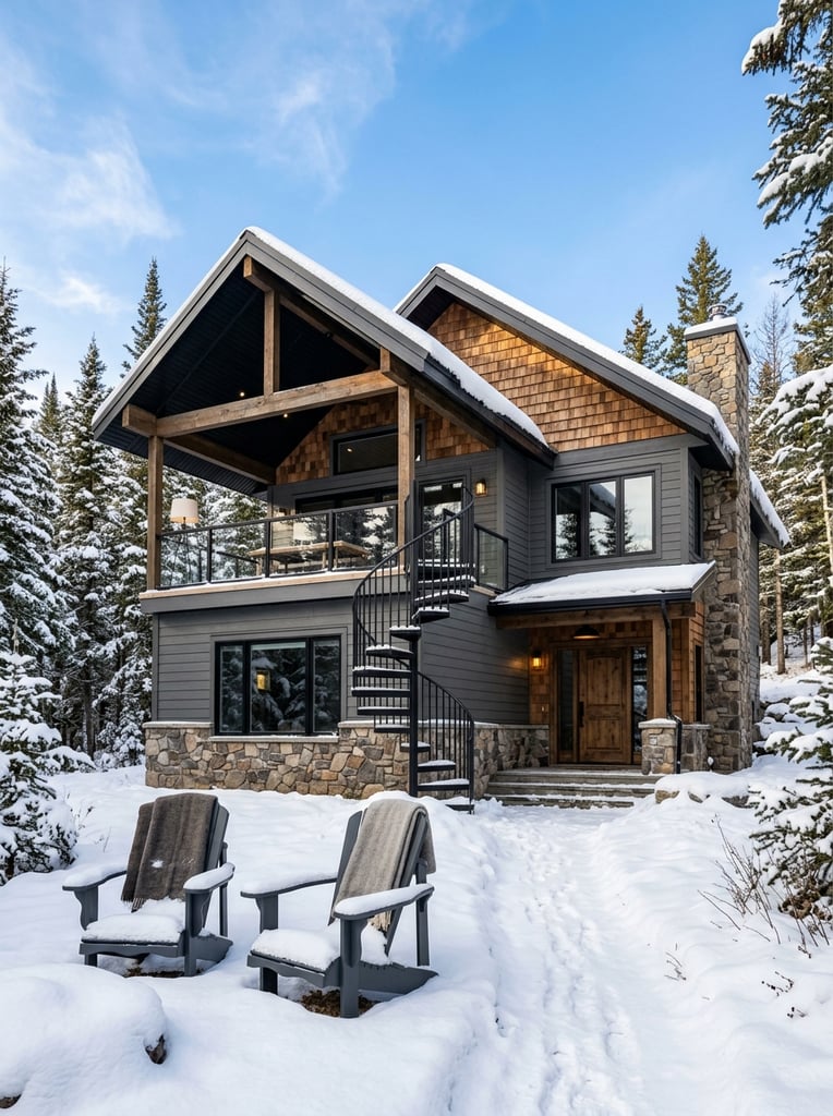 A modern two-story winter cabin mixing dark grey siding, cedar shakes, and stone under a bright blue sky. It features a covered upper deck with glass railings and a black spiral staircase. Two dark Adirondack chairs rest in the snowy foreground against a backdrop of snow-dusted pine trees.