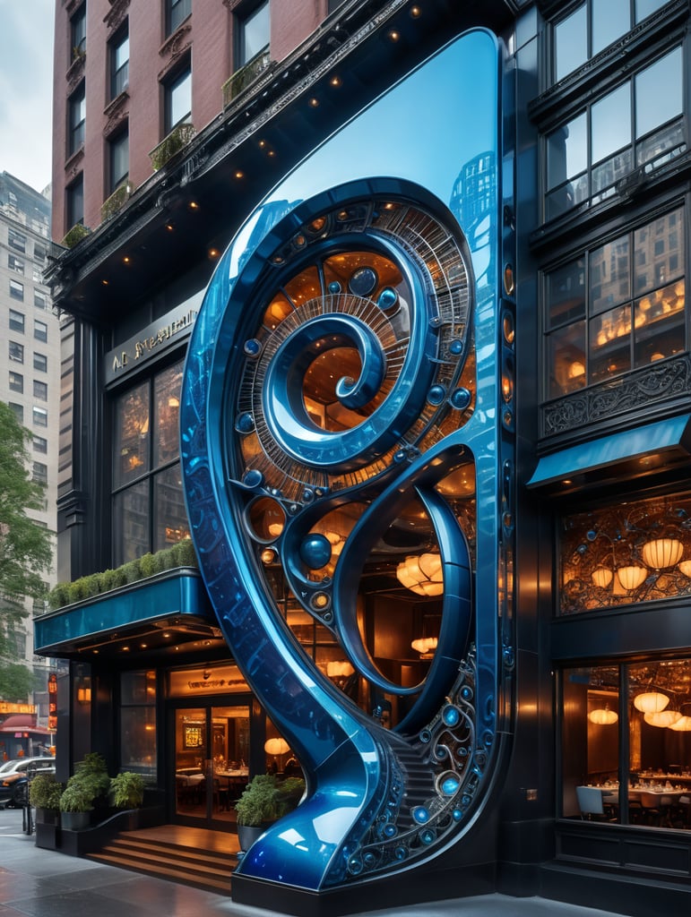 A futuristic neocosmic architectural facade of à Restaurant on the form of a musical note, in New York city, in blue glass, hyper realistic, hyper detailed, Nikon camera