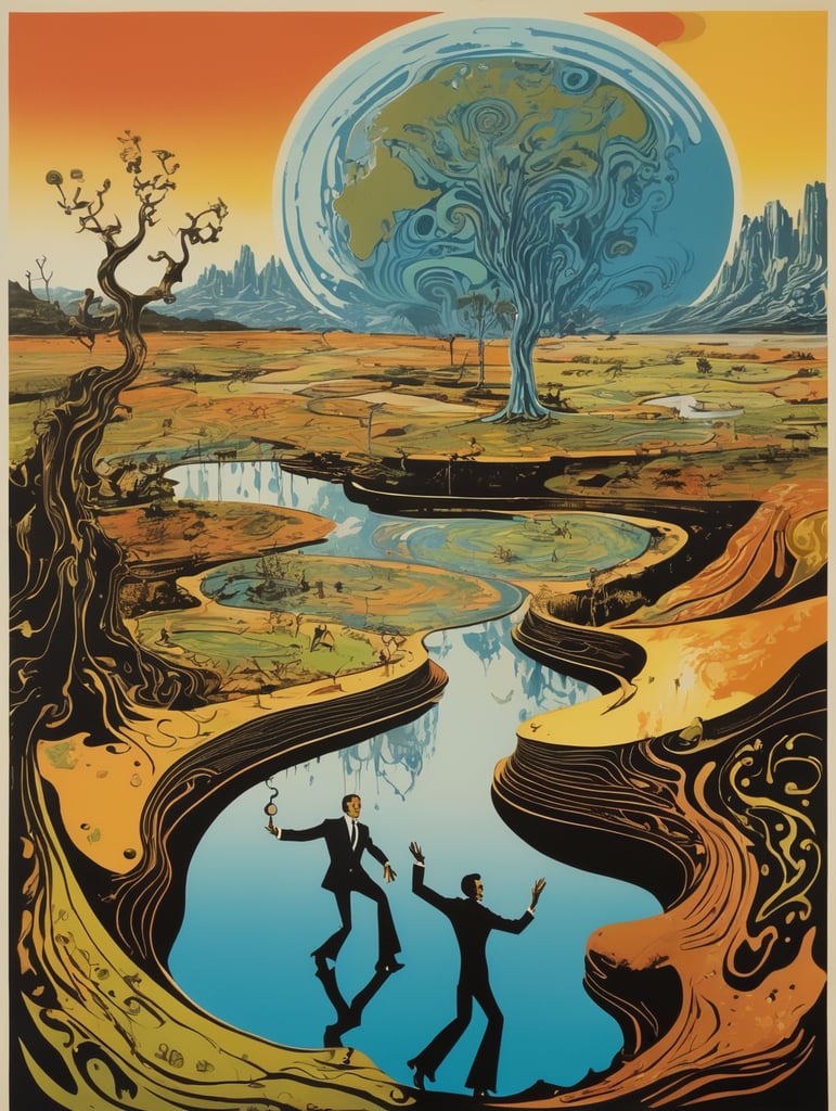 60's Era Jazz Album Cover, Dancing, Psychedelic, Earth, Salvador Dali Large Landscape linocut, surrealism dripping landscape