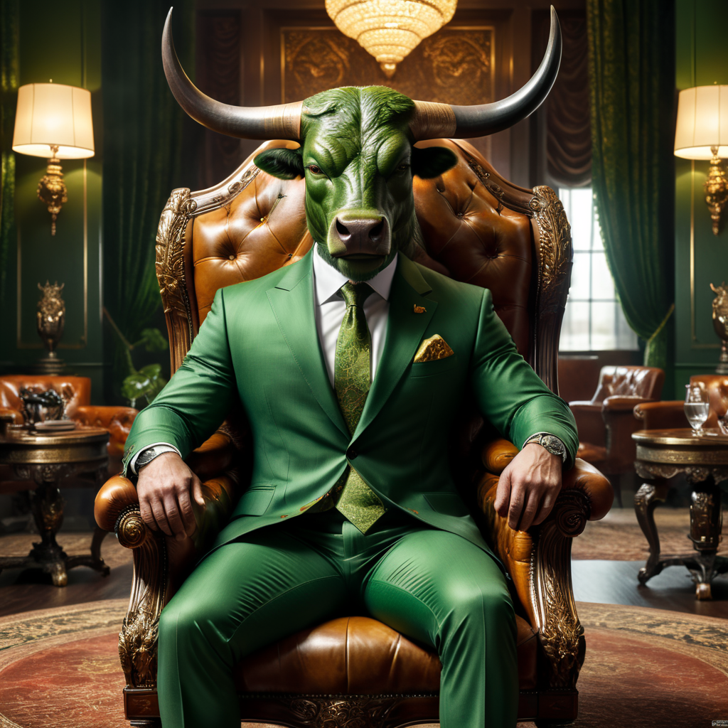 A men wearing green suit and has a bull's head sitting in leather armchairs.