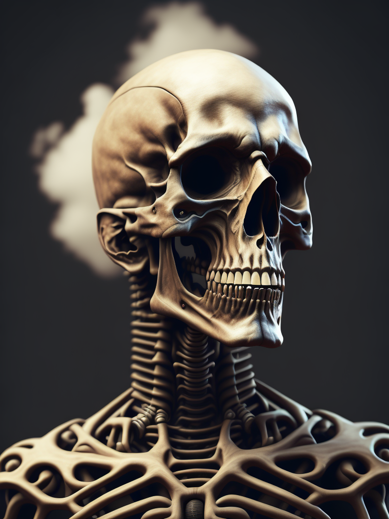 Portrait of a skeleton wearing a sui, gradient cloud background