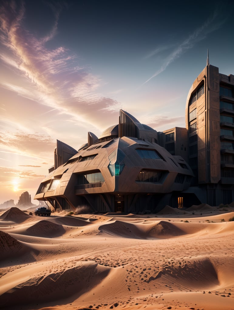 desert background light brown sand with futuristic building in sunrise,portrait size,hyperrealistic, —ar 16:9