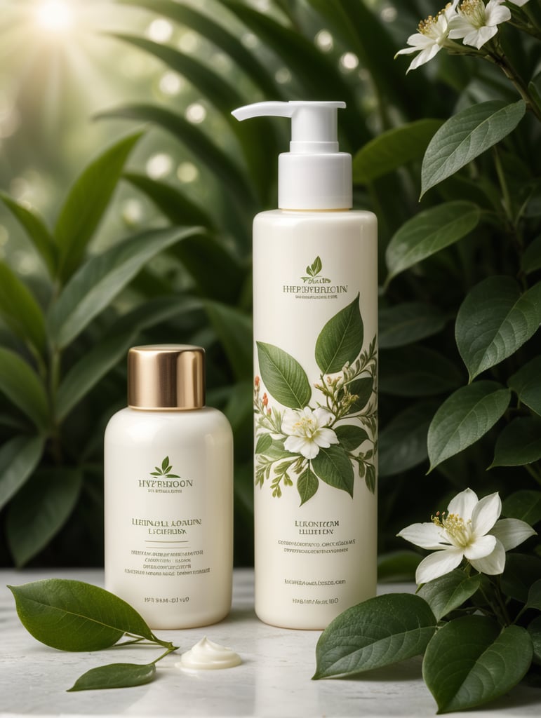 Skincare lotion bottle mockup, botanical background
