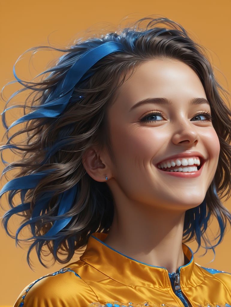 Happy ultra beauty girl, who is smiling and laughing, wearing bright blue clothes. Bright solid Blue background.