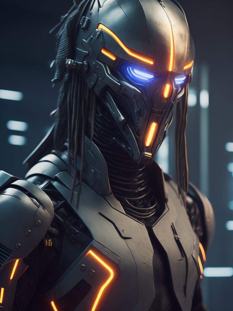 Ultra-detailed soldier from counter strike game in a base, with anthropomorphic cybernetic skeleton elements on metal armor, neon lights reflections, reflection mapping, intricate design and details, dramatic lighting, hyperrealism, photorealistic, cinematic, 8k --ar 9:16 --v 5