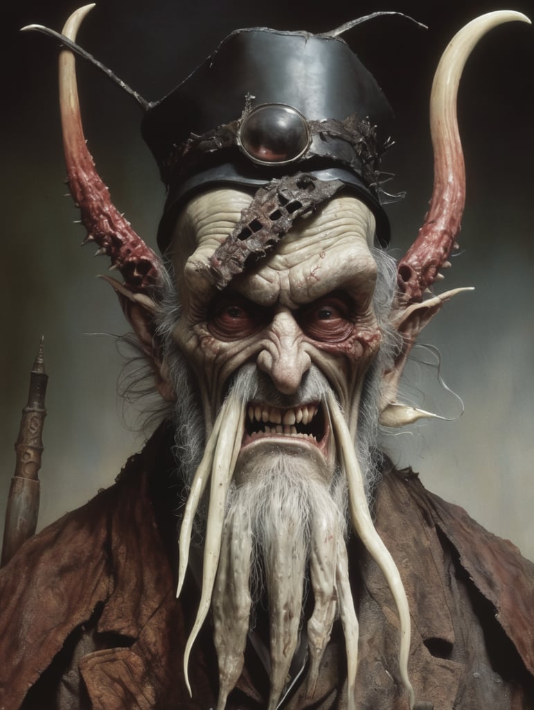 Old Rabbi smiling with Slit-Mouthed and razor sharp teeth Rotting flesh ,hored of flesh horror, ironic, creepy, scary caricature, satire, hyperdetailed illustration by Brian Bolland and iconic, hyperdetailed, digital illustration by Derek Riggs, (iconic, hyperdetailed, haunting digital illustration by Zdzisław Beksiński and Peter Gric. ) and artist Vincent Locke