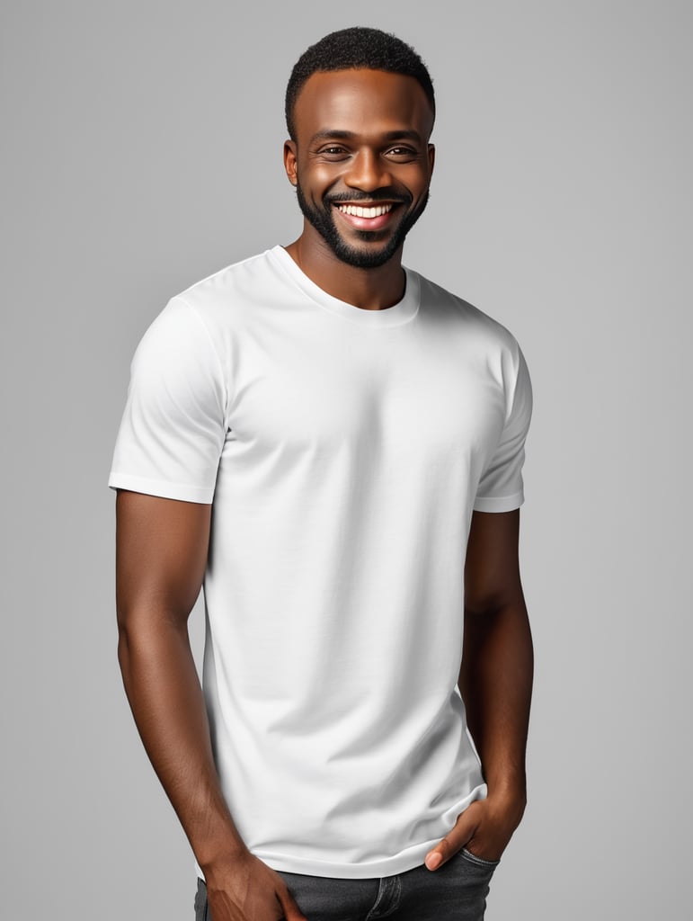 a black African man wearing white t-shirts, standing in front of black background, blank shirt no print, smiling, photo for apparel mock-up