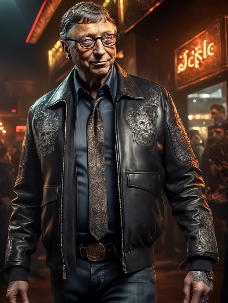 Create an image of Bill Gates as a bouncer with a leather jacket, fanny pack and facial tattoos. He stands at the door of a nightclub.