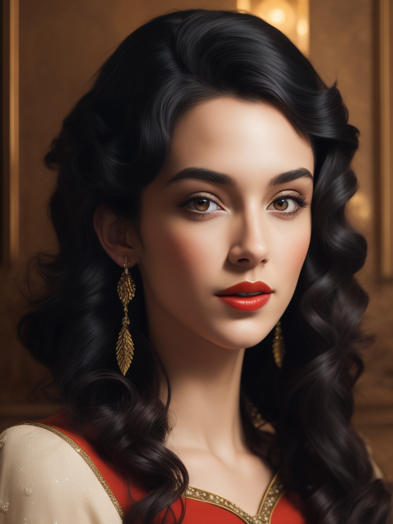 Beautiful young teenage woman, princess, very pale, curly black hair and dark eyes, Snow White, 1930s style, disney cartoon come to life, red gown, innocent sweet face