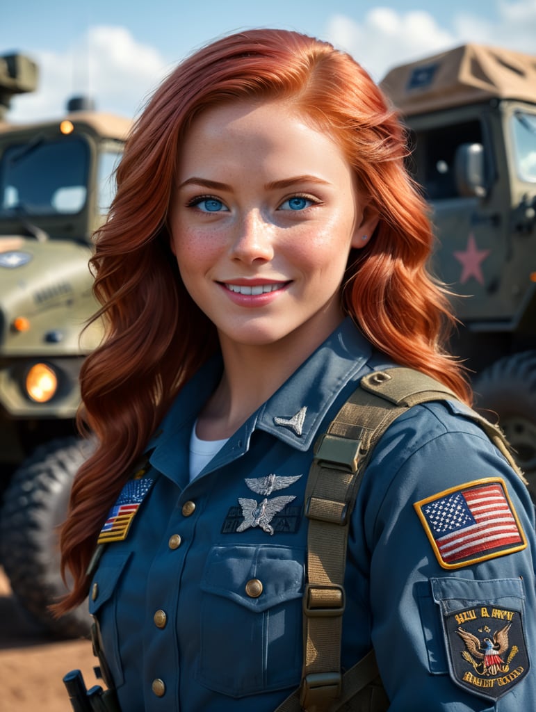 real human, real photo, cute girl with red hair and blue eyes, soft and random freckles, blush on her cheek, cute smile, natural skin tone, skin imperfection, wearing US Army combat uniform with battle gear, perfect United States flag emblem, military trucks in the background, dramatic light, taken with DSLR 4K