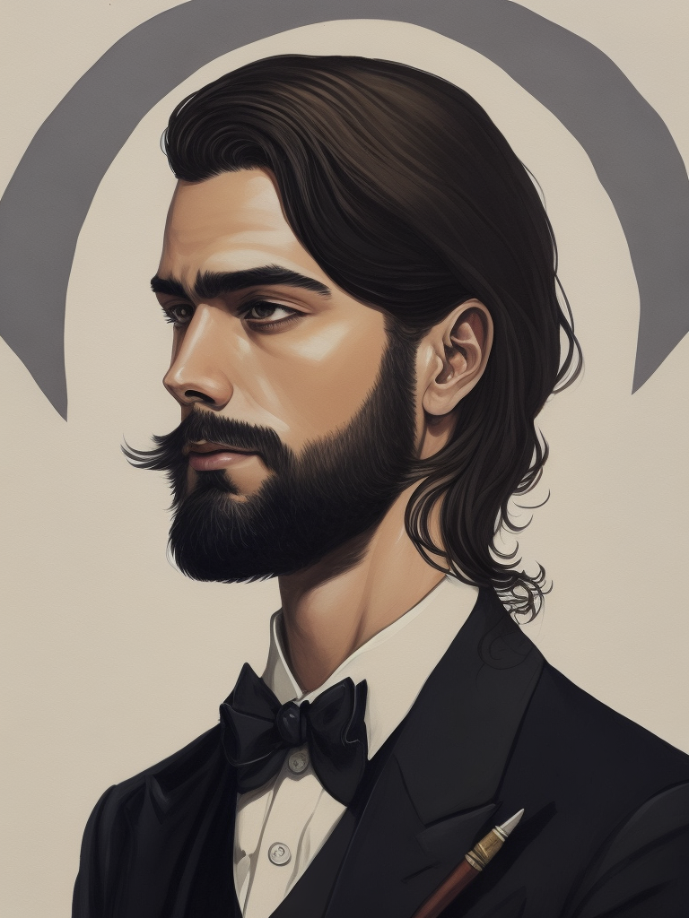 Illustration of a man with long dark hair in a suit with a bow tie, painting, oil, tempera, water color, collage, style of Hannah Höch