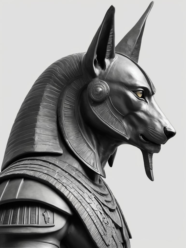 Anubis statue. Side view. Long nose. Upper body and head. Torso. Head. Egyptian warrior. mysterious. Majestic. Solemn. White background. Strong eyes. Grey skin. Black and grey and white image