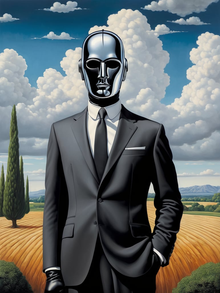 Portrait of a faceless reflective chrome - head man in a suit and black gloves, clouds and nature landscape in the background, by rene magritte, detailed painting, distance, centered, hd, high resolution, high detail,