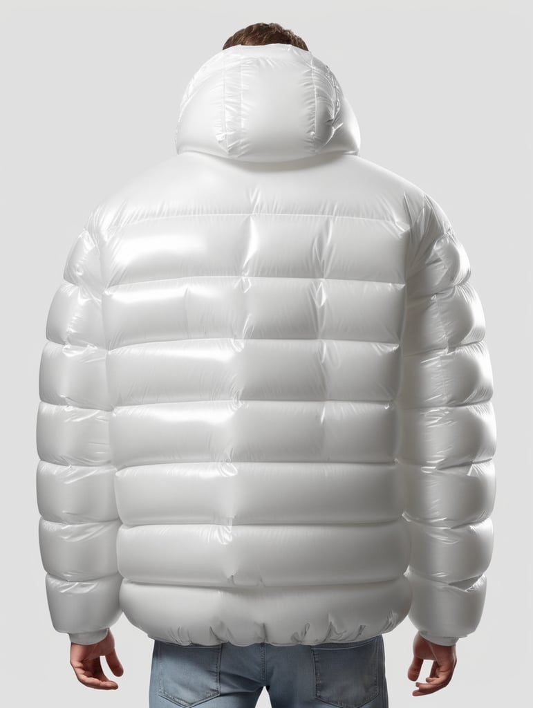 Inflatable white minimalist man's puffer jacket, back view, transparent, isolated, grey background, mockup